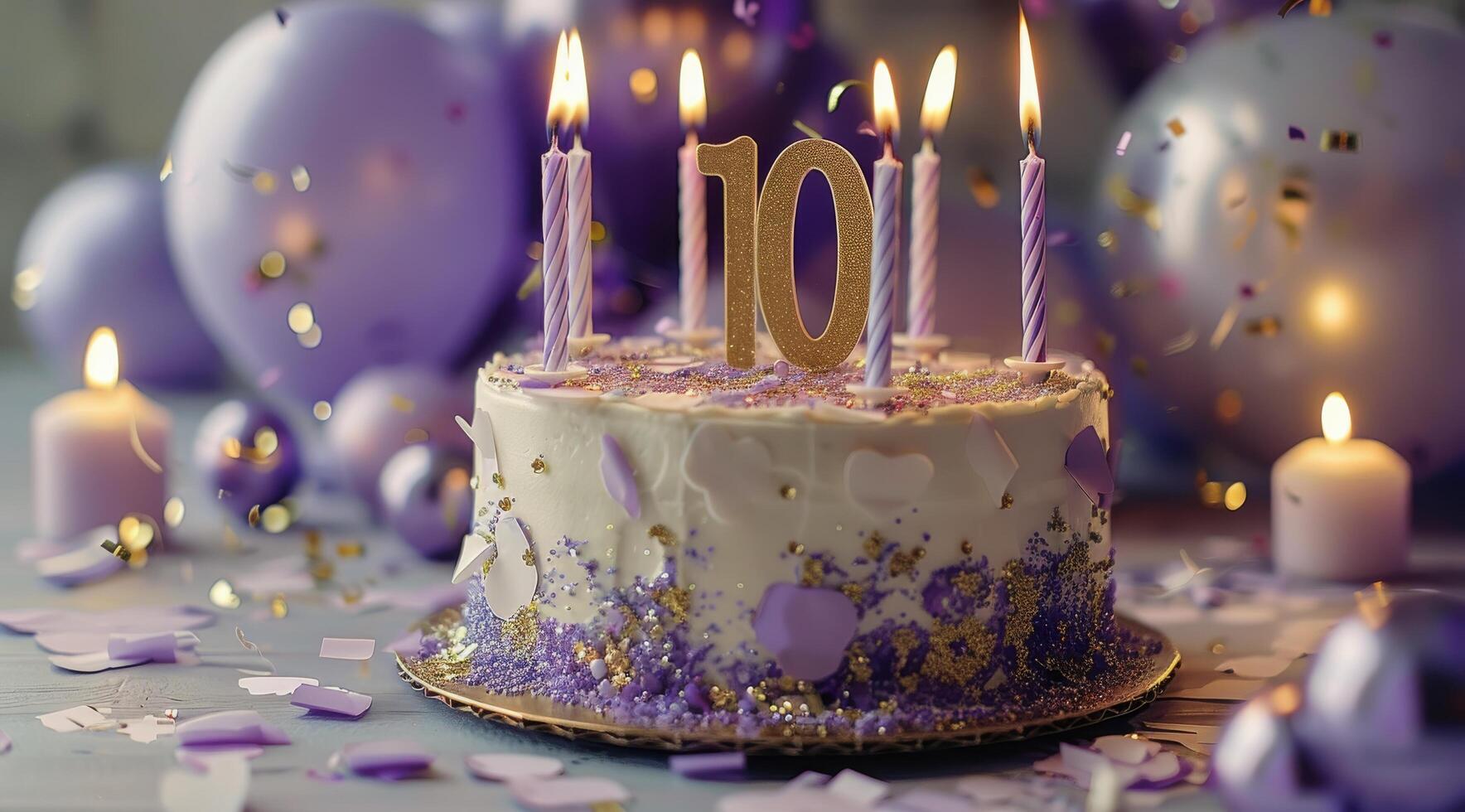 Purple and Gold Ten Year Old Birthday Cake With Candles and Confetti photo
