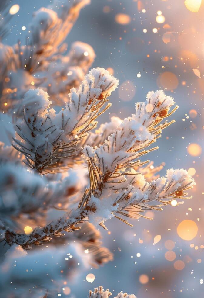 Snow-Covered Pine Branch In Sunlight During Winter photo