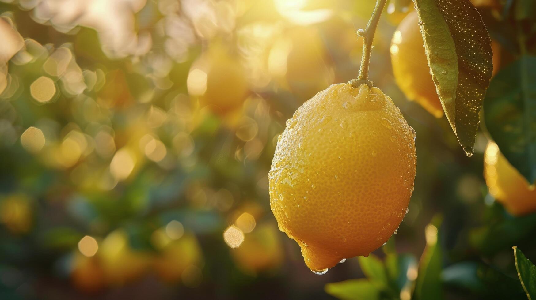 Ripe Lemon Hanging From Branch In A Lemon Orchard At Sunset photo