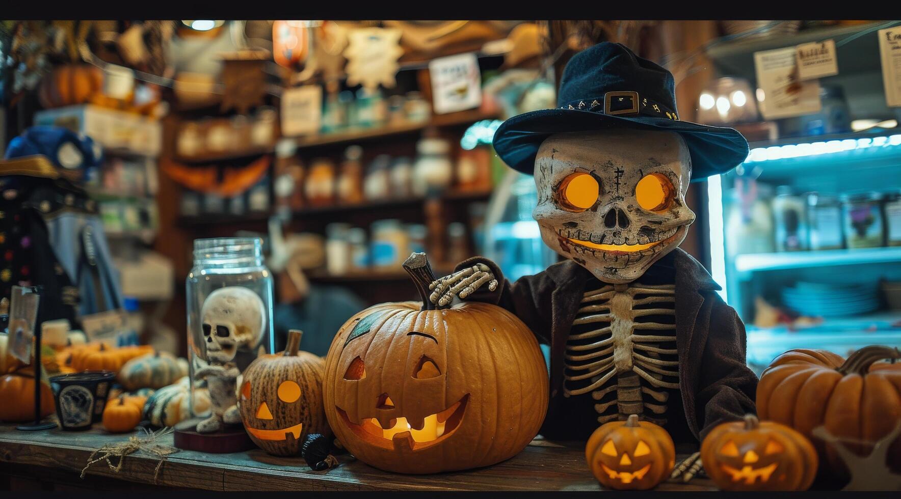 Skeleton Decorated for Halloween With Pumpkins in a Store photo