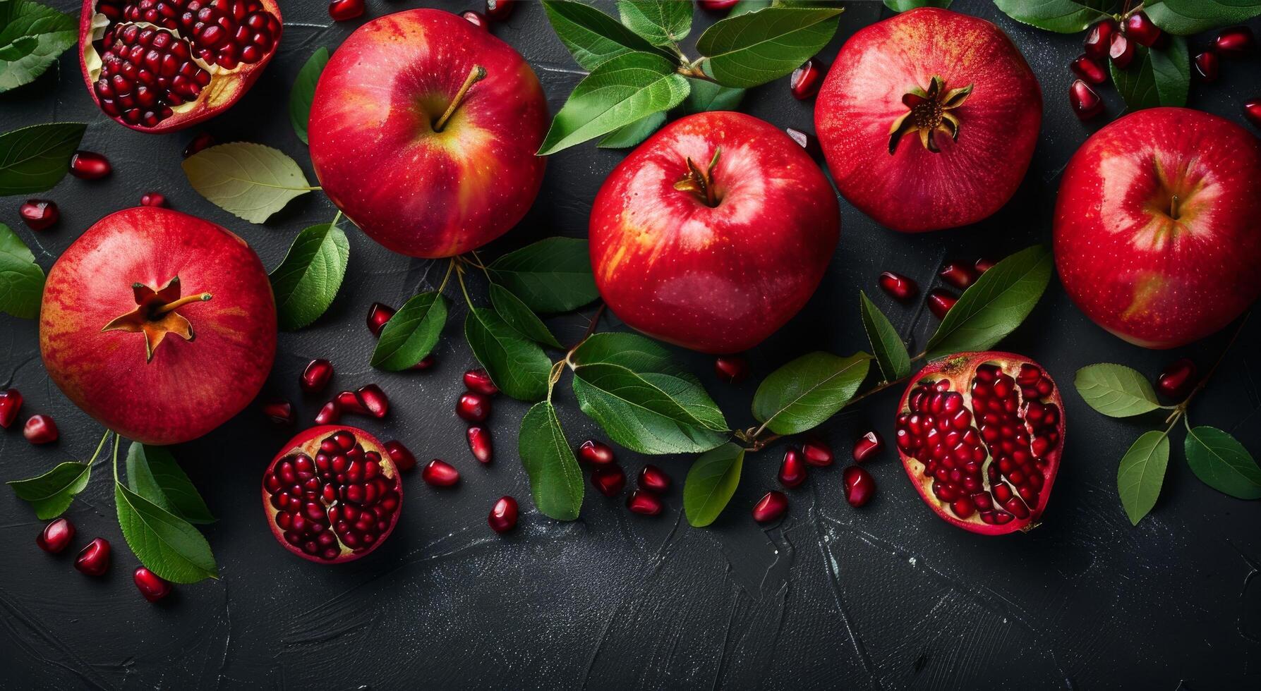 Red Apples and Pomegranates Arranged on Dark Surface With Green Leaves photo