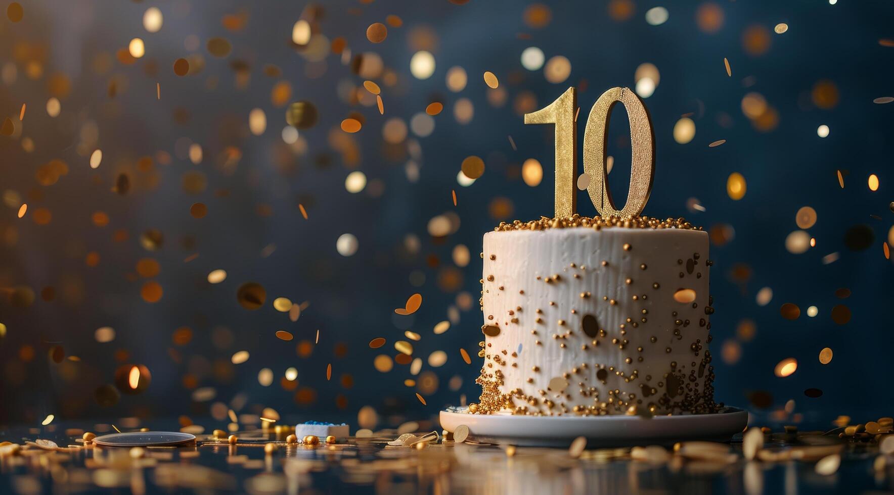 White Cake With Gold Number Ten and Confetti on Blue Background photo