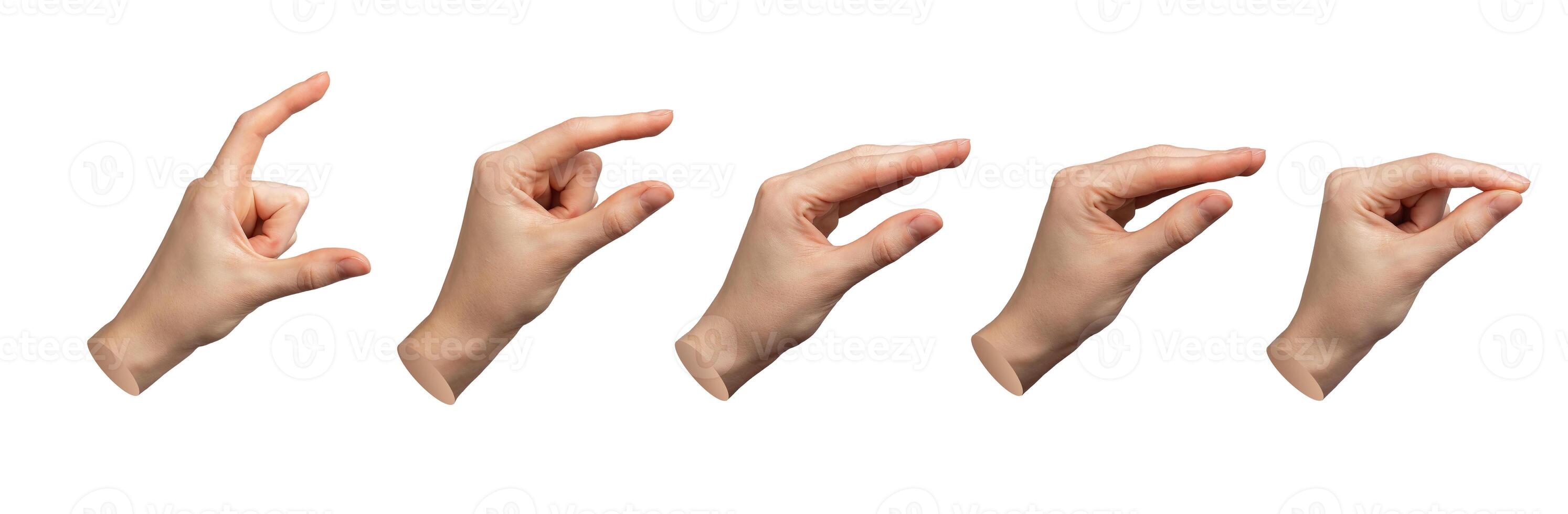 Hand gestures showing size from big to small. Pinch, catch, hold, isolated on white. Arm grabbing, photo