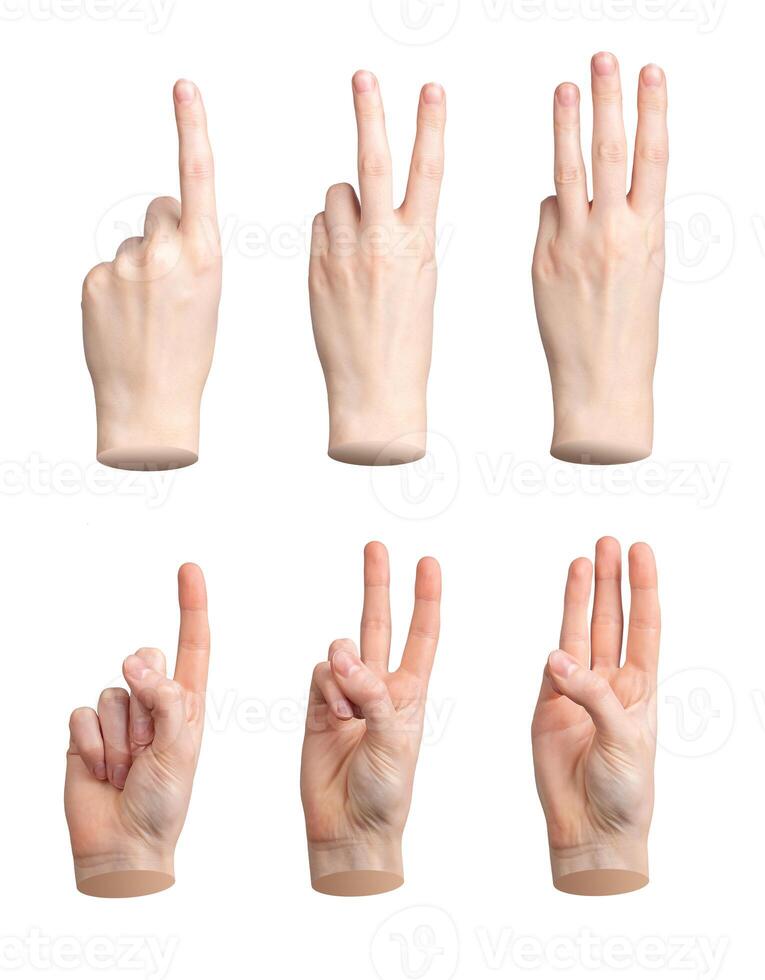 Hand counting fingers. One, two, three, isolated sign. Gesture showing quantity, score, number. photo