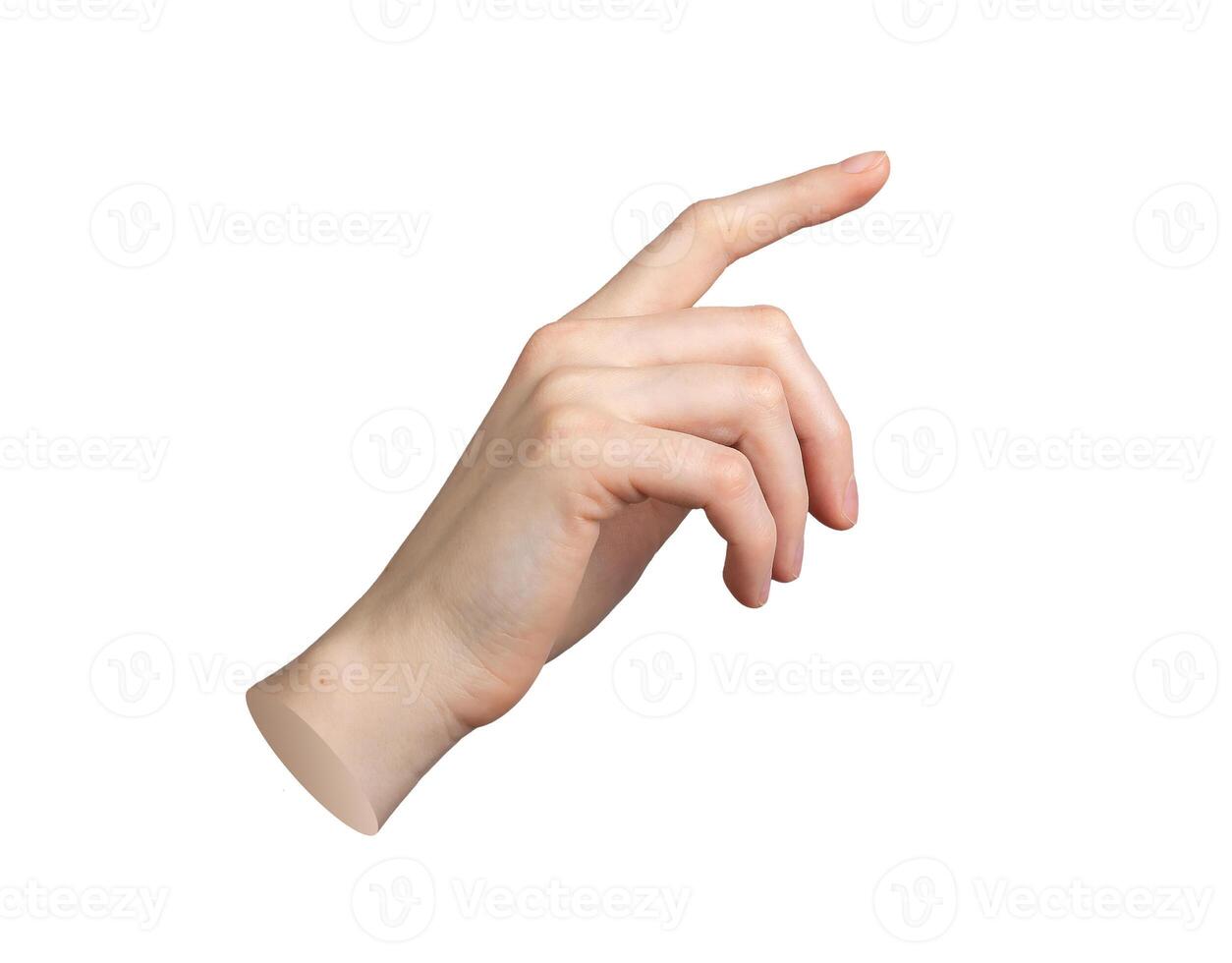 Hand pointing gesture. Index finger indicating, isolated on white background. Tap, touch sign, photo