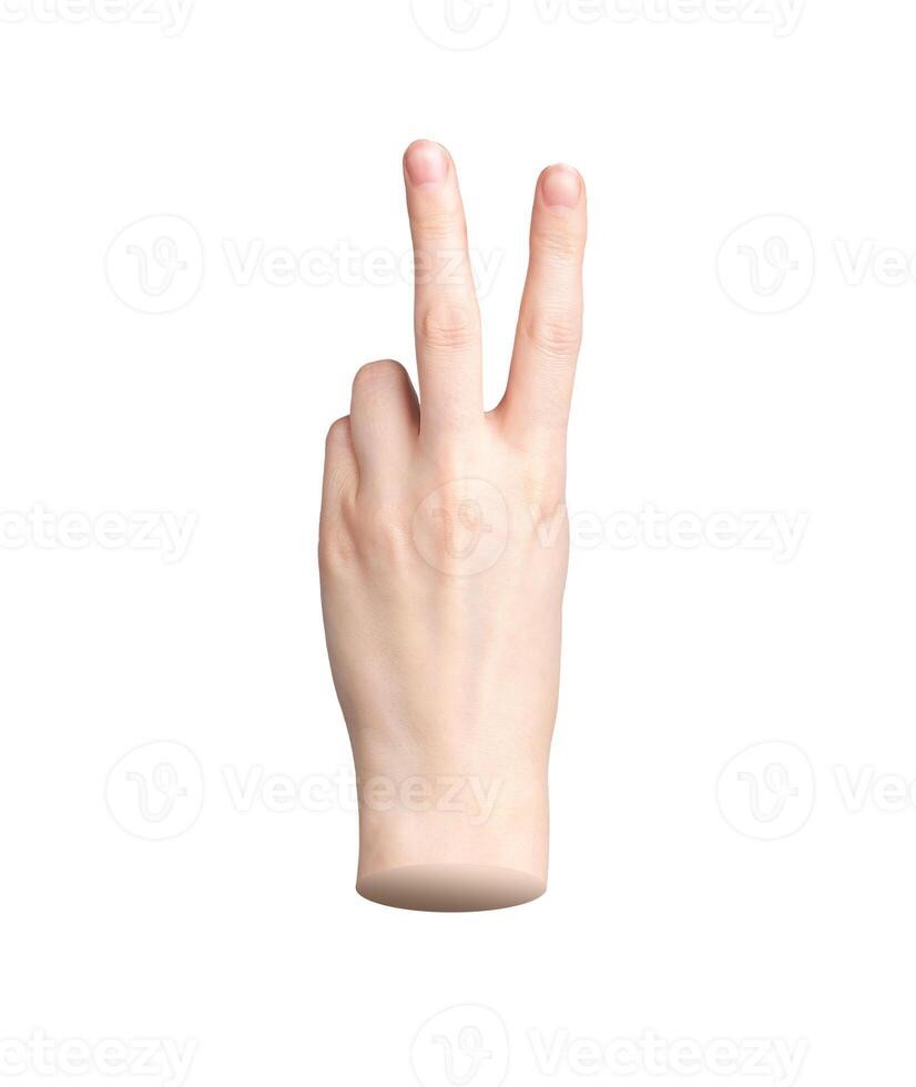 Victory gesture with two fingers. Winner sign, hand symbol for peace and love, isolated on white photo