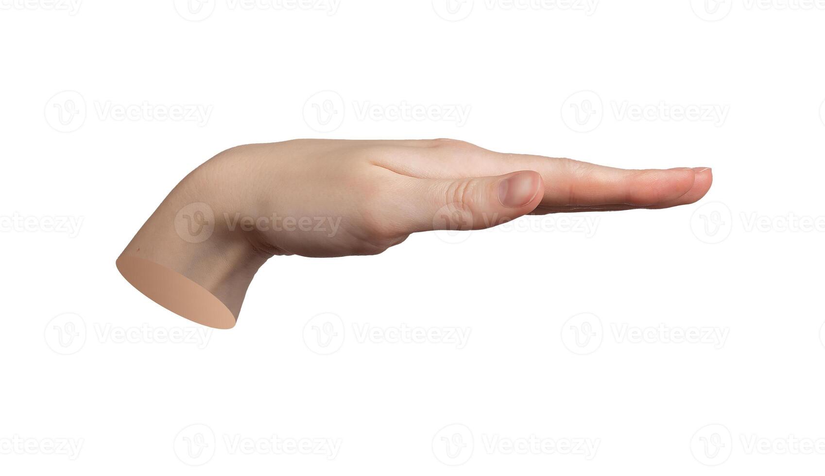 Hand gesture, palm down, measuring horizontal level Isolated on white background Fingers straight, photo