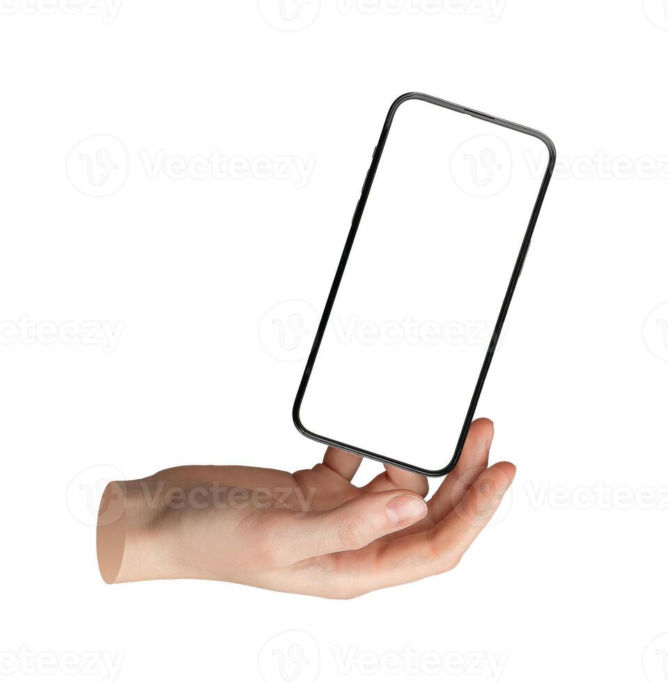 Phone screen mockup in levitation Reaching to grab mobile template Hand holding smartphone, cell photo