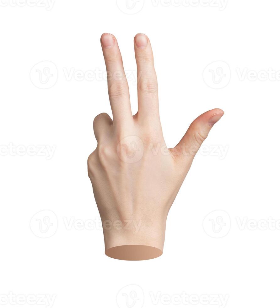 Three fingers up, hand showing the number 3 Isolated sign, gesture on white background Person photo
