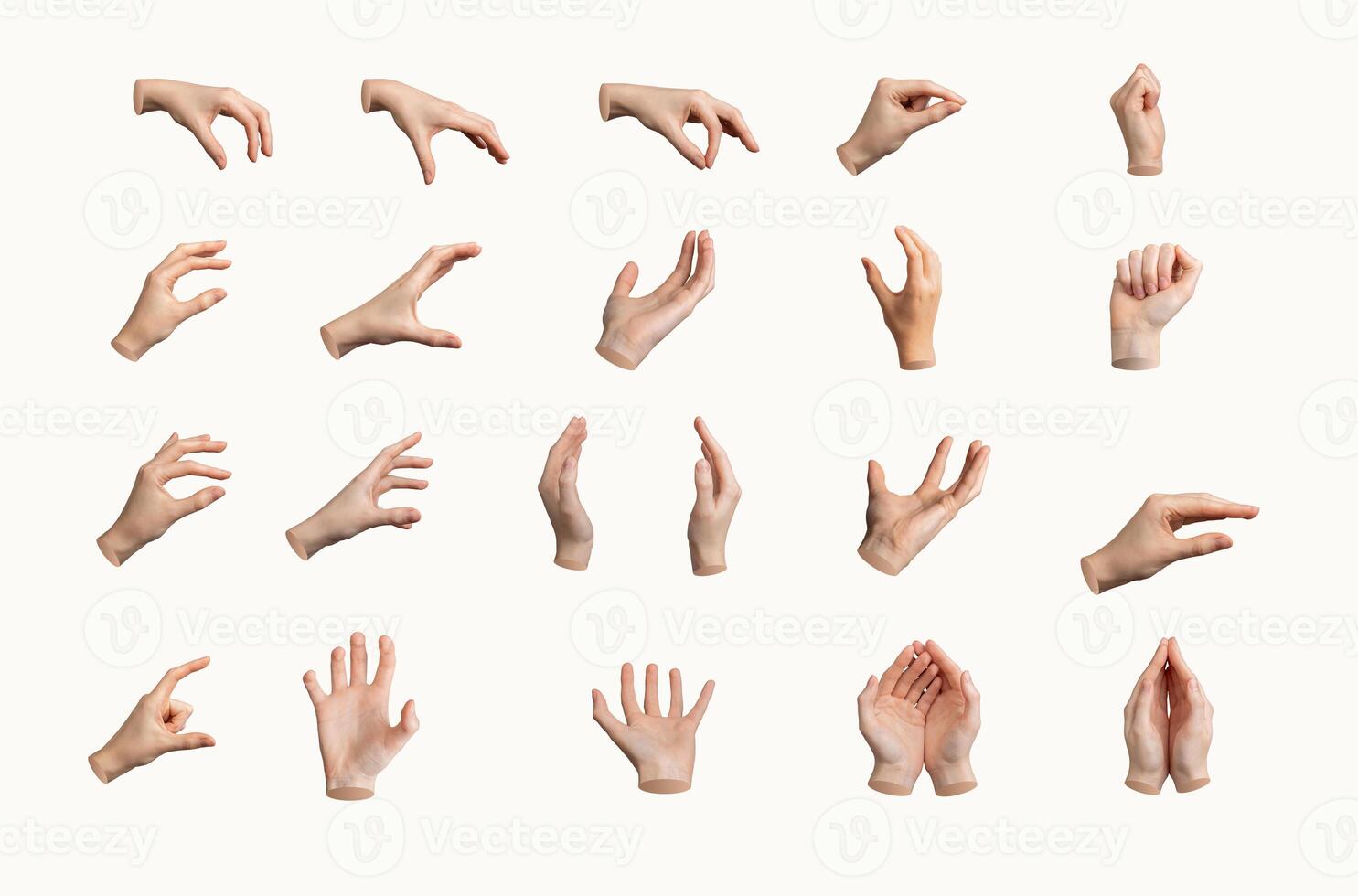 Hand gesture set, various signs. White background, isolated different arm positions. Palm, fist photo