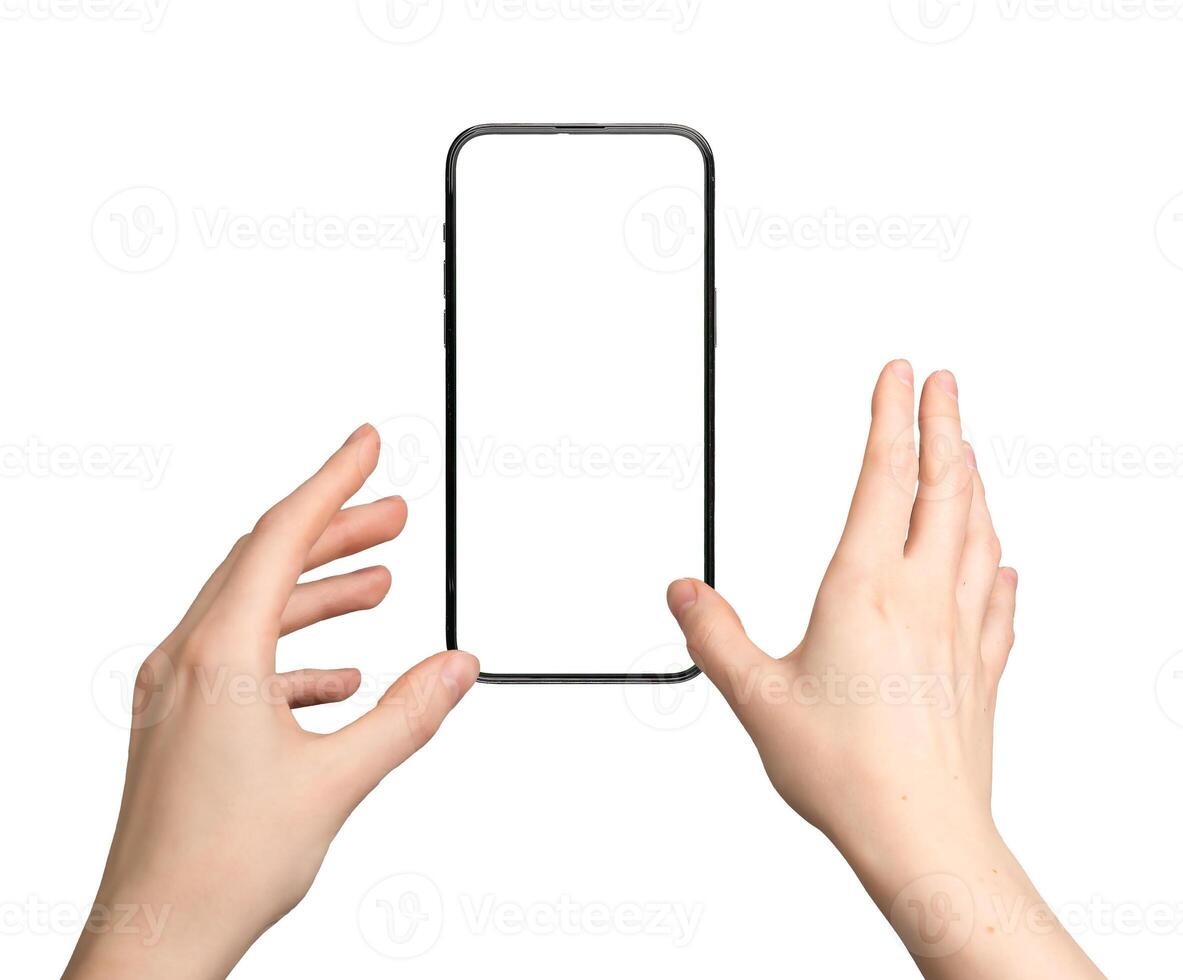 Hand reaching for phone screen mockup, wanting to grab blank, clear smartphone, cell phone White photo