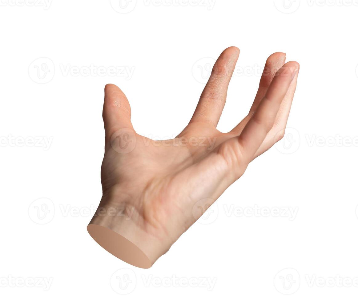 Hand holding, taking something invisible up gesture, sign isolated on white background photo