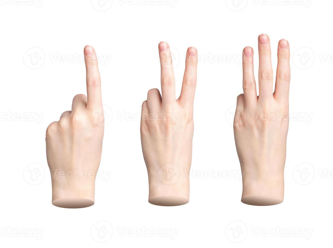 Hand counting fingers, one, two, three. Isolated gesture showing quantity, score, number, white photo