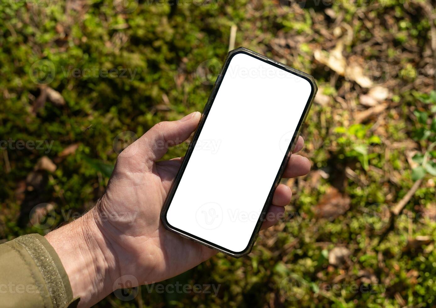 . Hand holding white blank mobile phone screen in nature, sunny day. photo