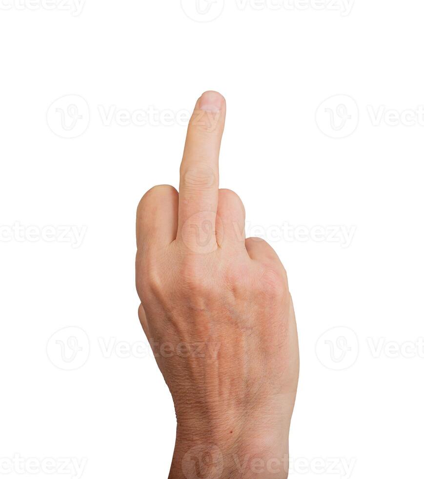 Hand gesture with middle finger up, isolated white background. Rude obscene sign, offensive and photo