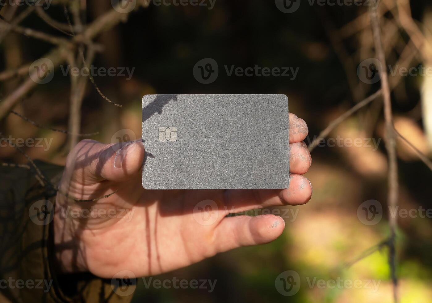 . Blank bank credit card mock up in male hand in nature, sunny summer day, tree twigs. photo