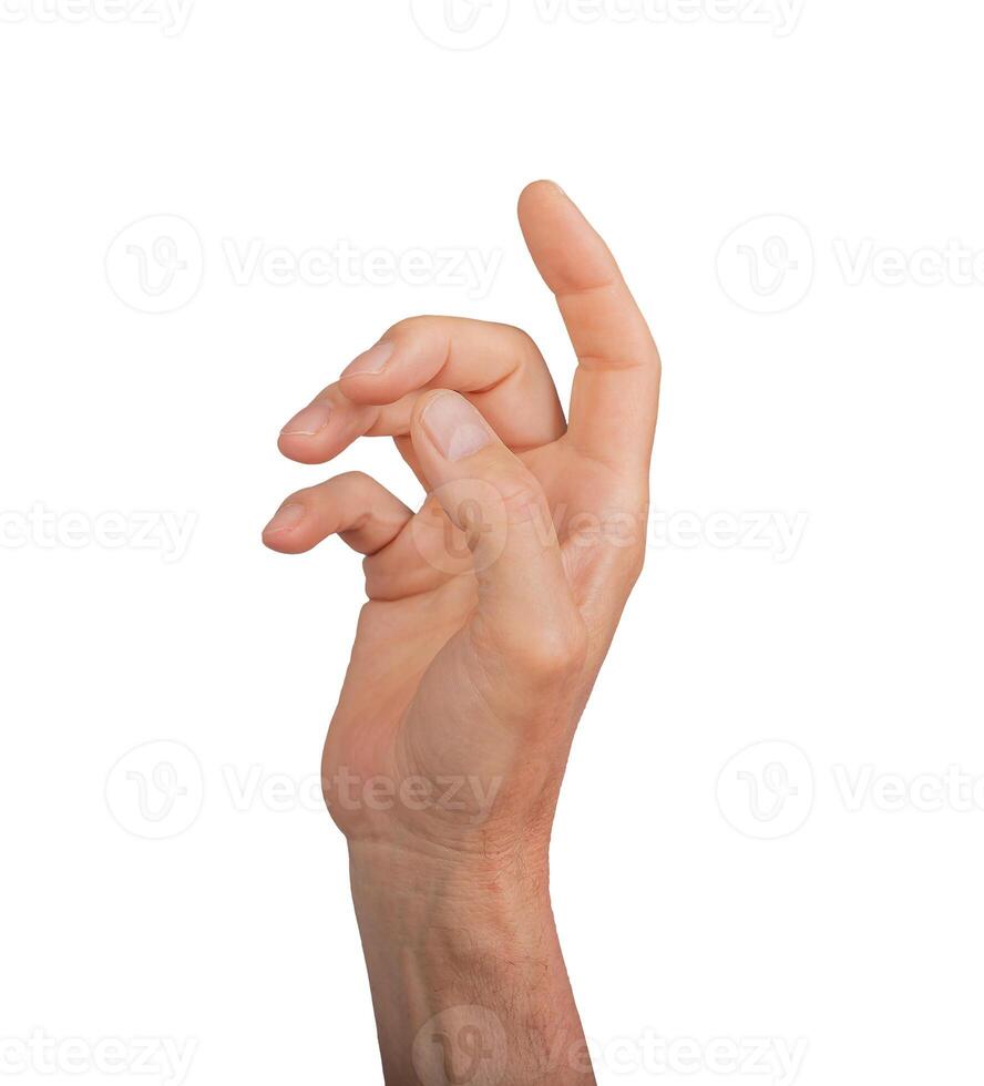 Touching finger pointing, hand gesturing. Clicking index finger isolated, display male people. photo