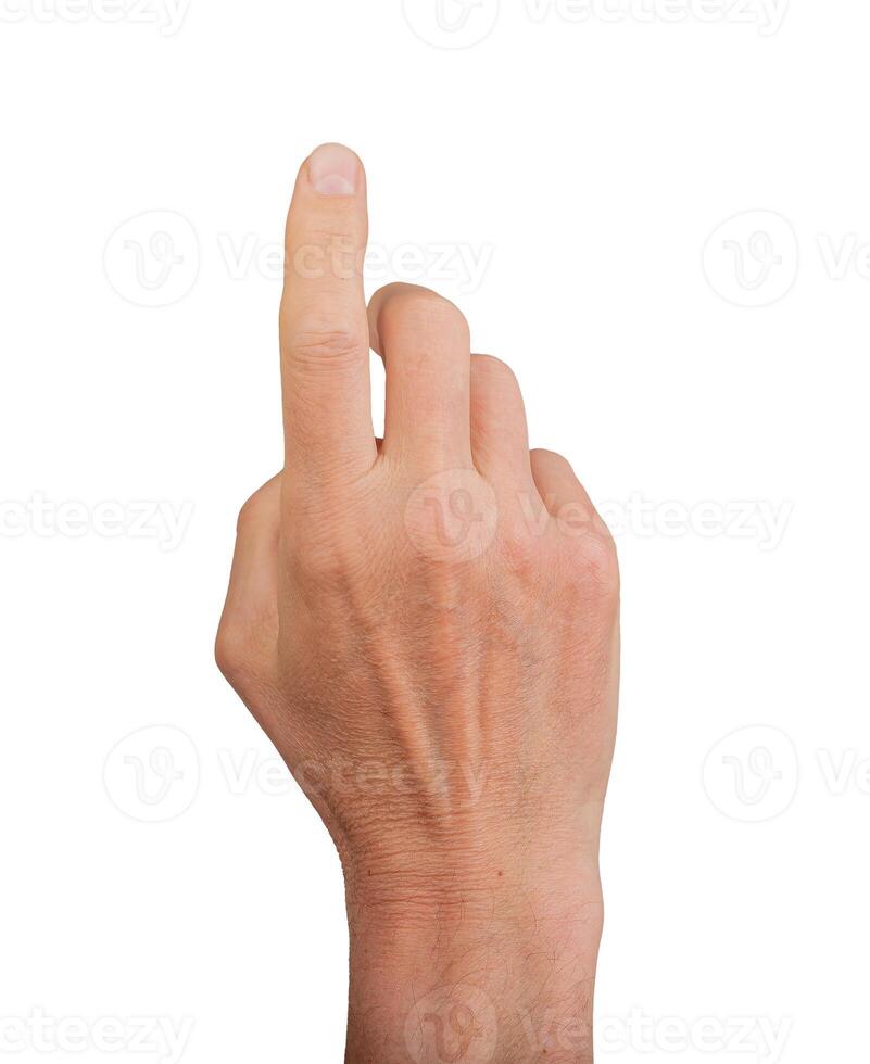 Finger touching, hand clicking. Gesturing index finger pointing, isolated white background. Press photo
