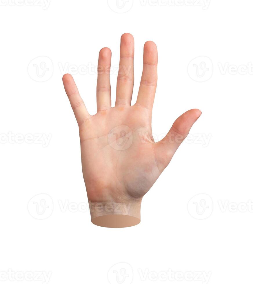Five, hand gesture, hi and hello sign Spreading fingers, palm isolated on white background photo