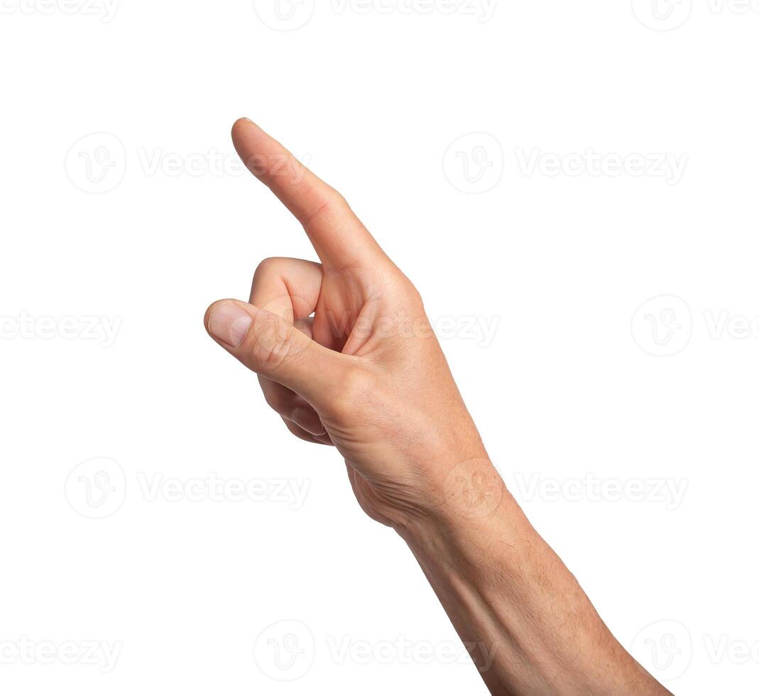 finger pointing, hand gesture, sign isolated on white background, side view photo
