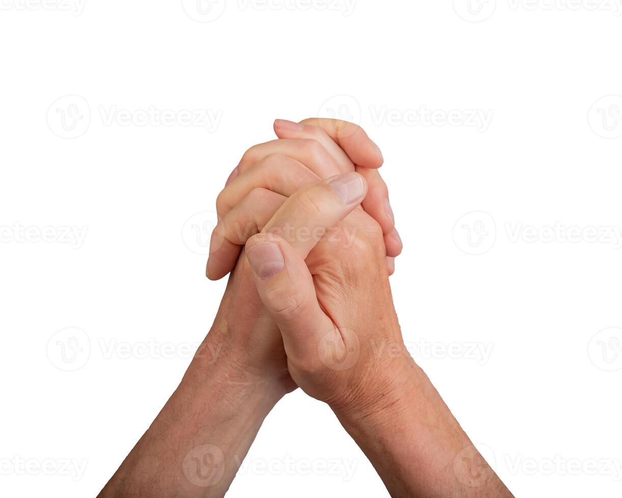 Hands supporting, helping and giving together. Clasped, intertwined fingers interlocked, isolated photo