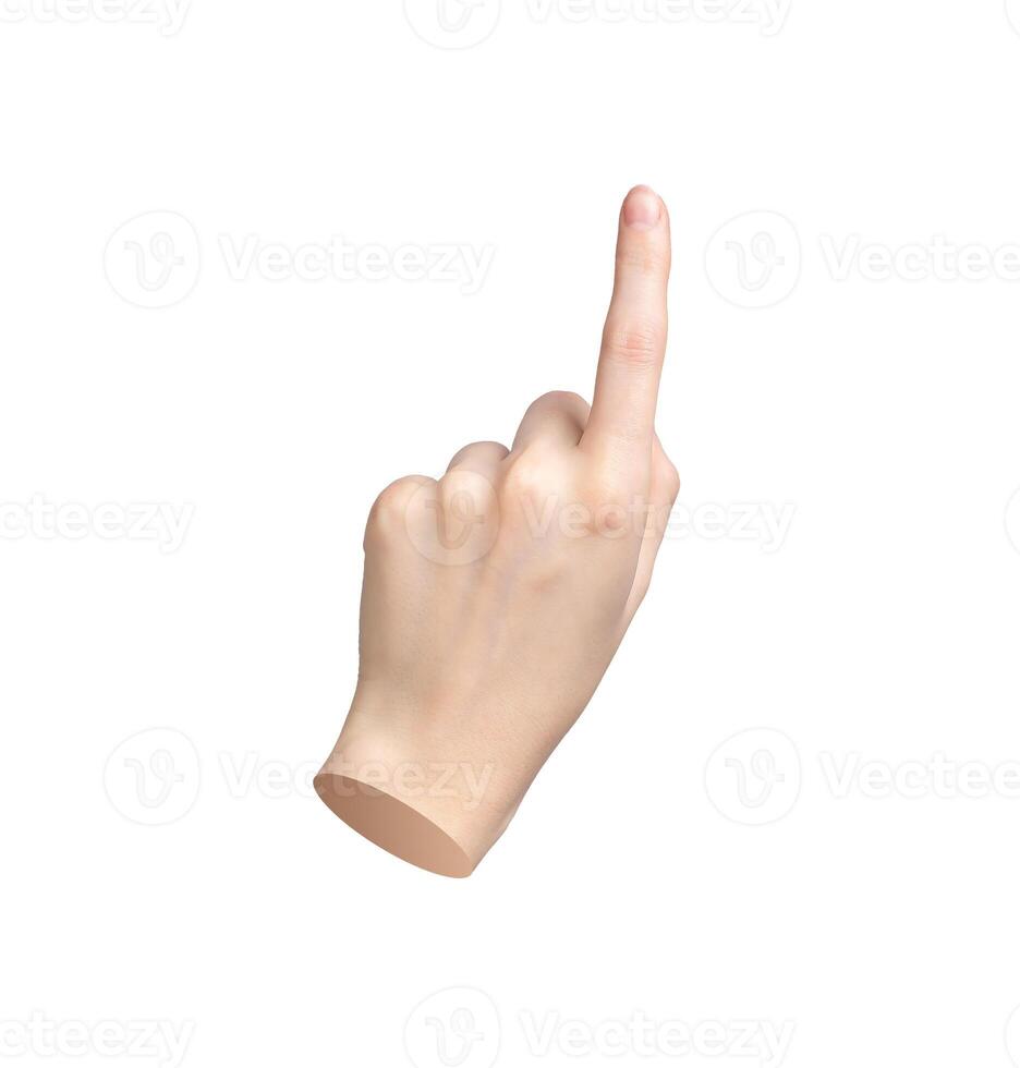 Finger pointing gesture. Tap, click with index finger to indicate. Hand sign, pick, close up. photo