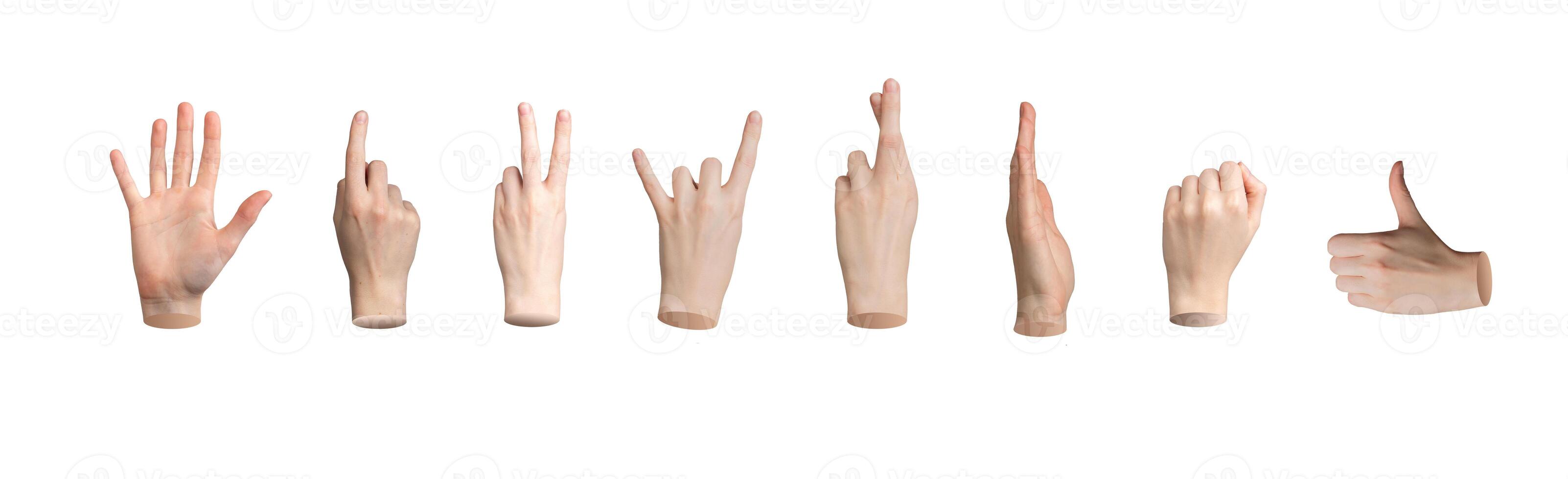 Hand gesture, basic sign pack, set. Hi, palm, pointing finger, victory, rock horns, thumb up photo