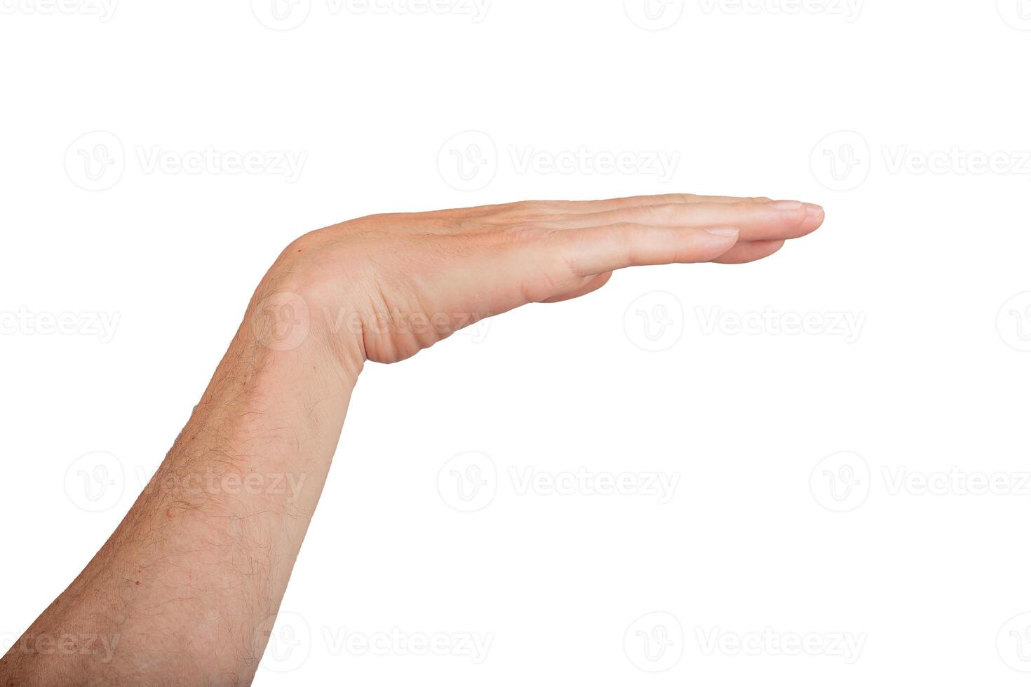 Hand gesturing with palm horizontal, fingers isolated on white. Level measure sign, control human photo