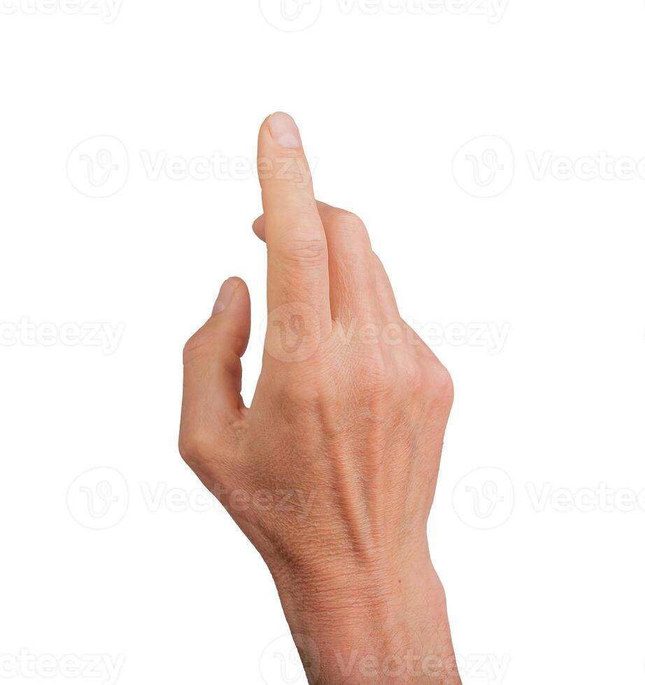 Finger touching, hand clicking. Gesturing index finger pointing, isolated white background. Press photo