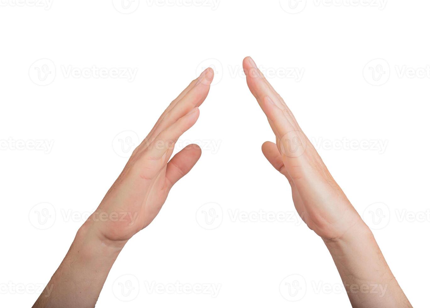 Hands gesturing with open palms, fingers and human skin. Body part isolated on white background, photo