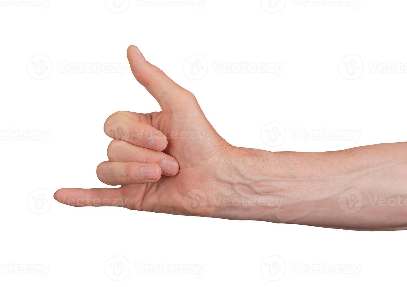 Thumb and little finger gesture, hand surf surfer. Signal cool call shaka isolated symbol man phone. photo