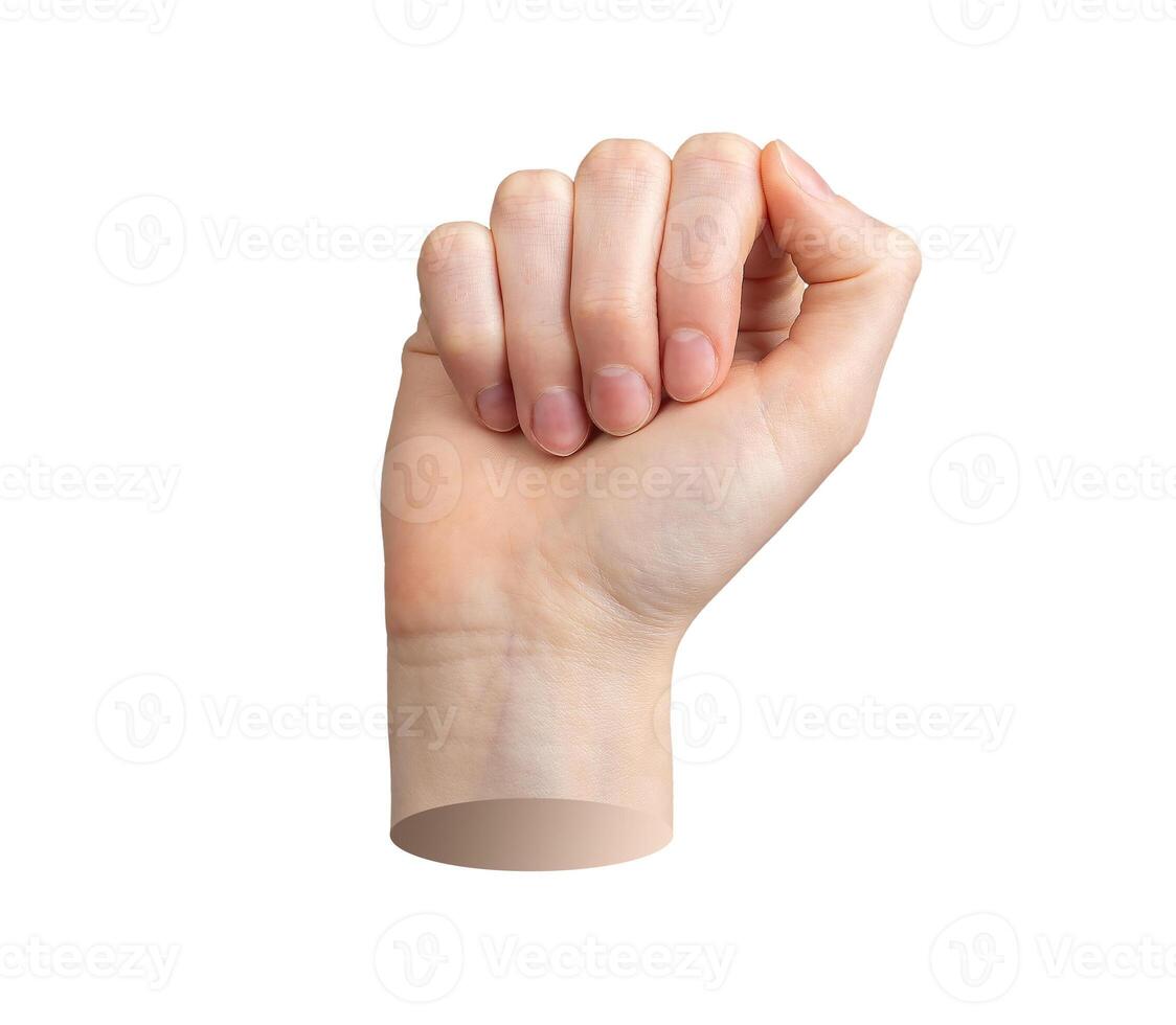 Fist, hand up, clenched power. Isolated white background. Protest arm, empower symbol, revolution photo