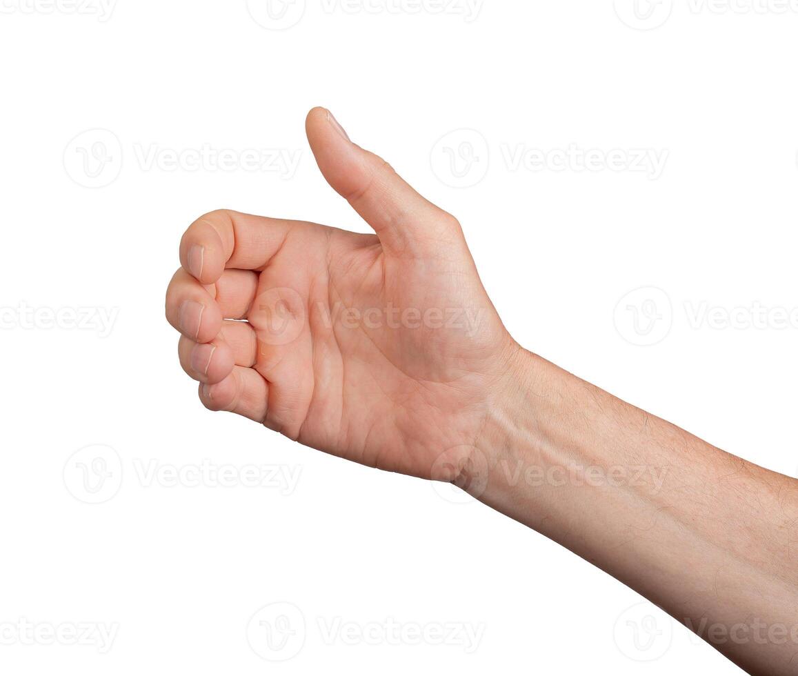 Hand holding an invisible object, isolated on white. Caucasian male hand in a gesture of giving or photo
