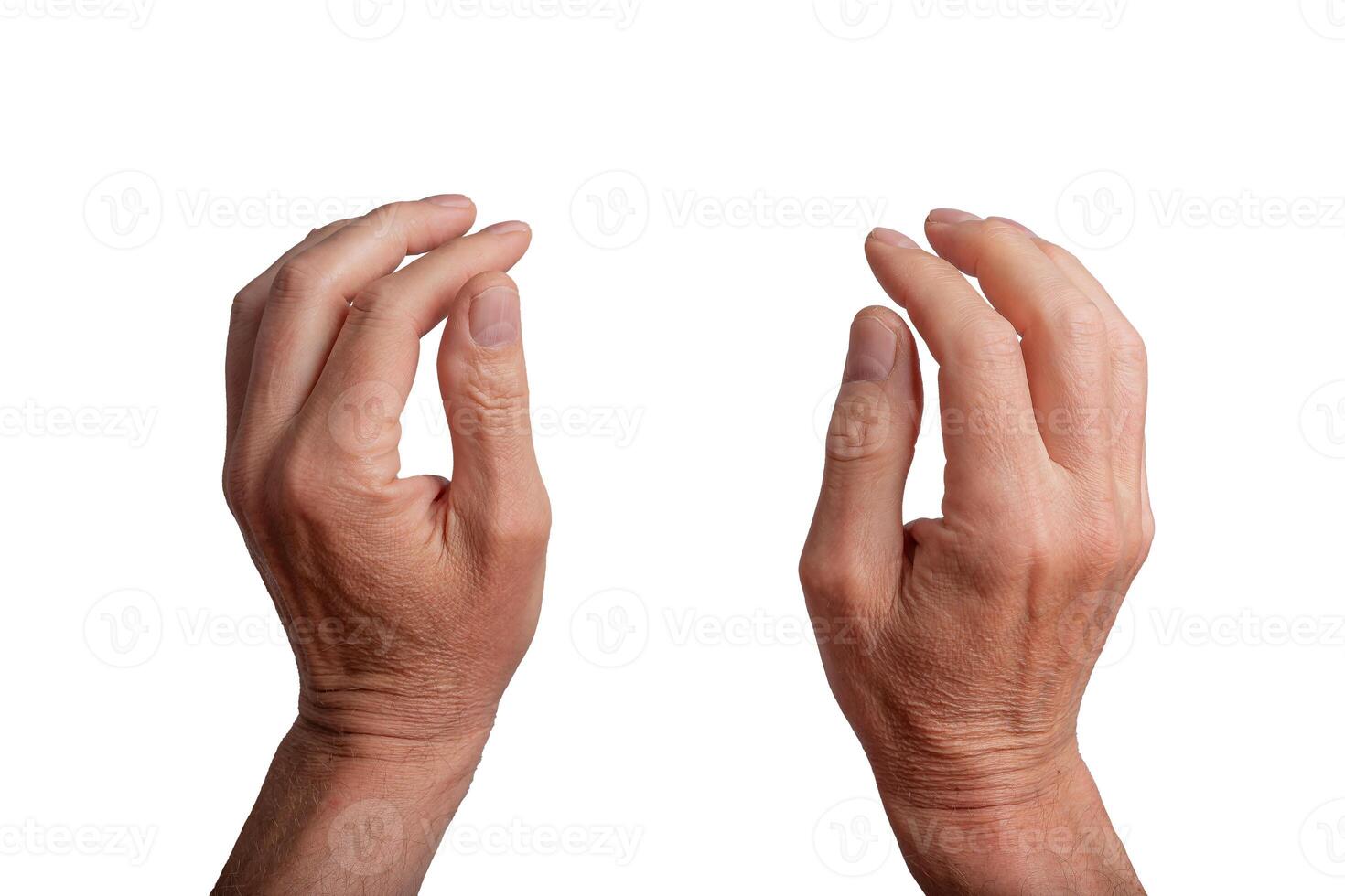 Two hands grasping, isolated on white background. Gesture indicating grabbing or catching something photo