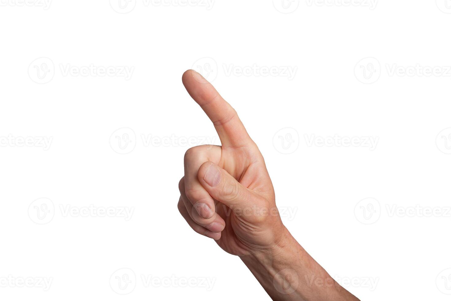 Hand reaching out with open fingers, isolated on white background. Gesture indicating selection or photo