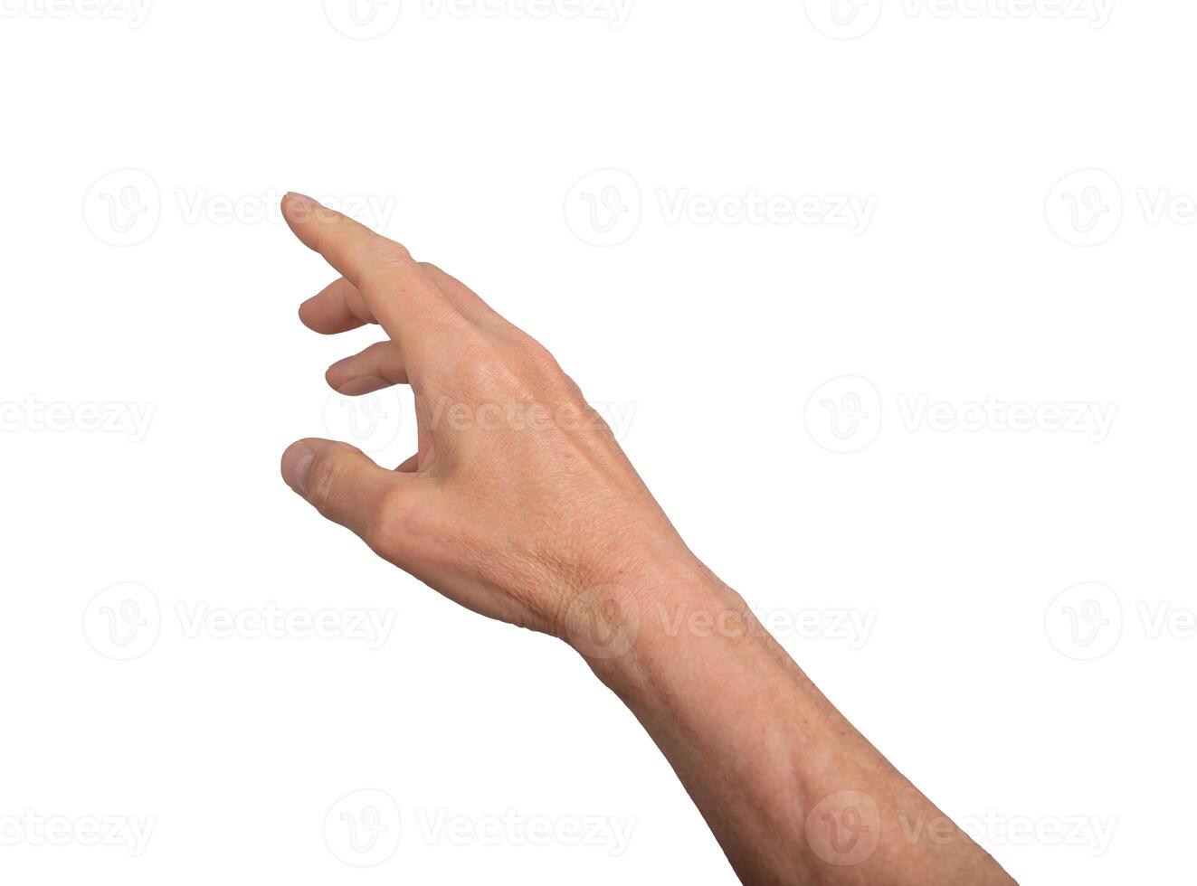 Hand reaching out with open fingers, isolated on white background. Gesture indicating grasping or photo