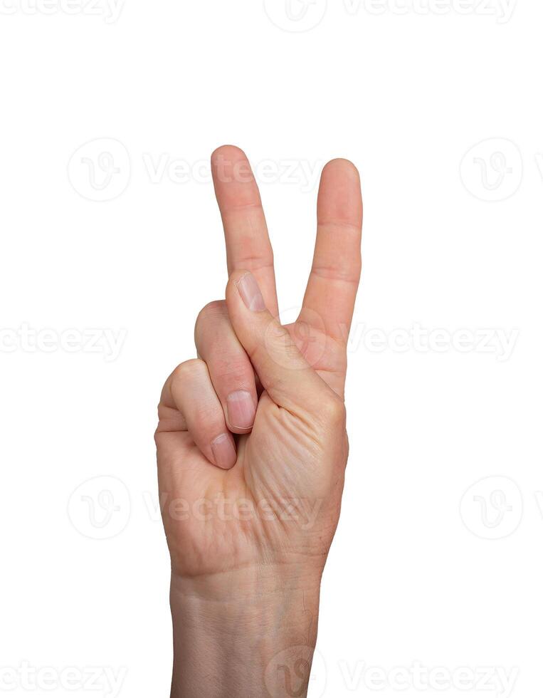 Hand showing the V sign for victory and peace. Isolated on white background, front view. Male hand photo