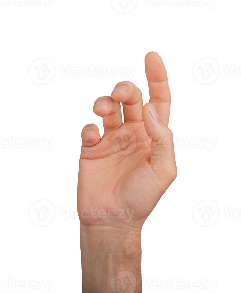 Touching finger pointing, hand gesturing. Clicking index finger isolated, arm button direction. photo