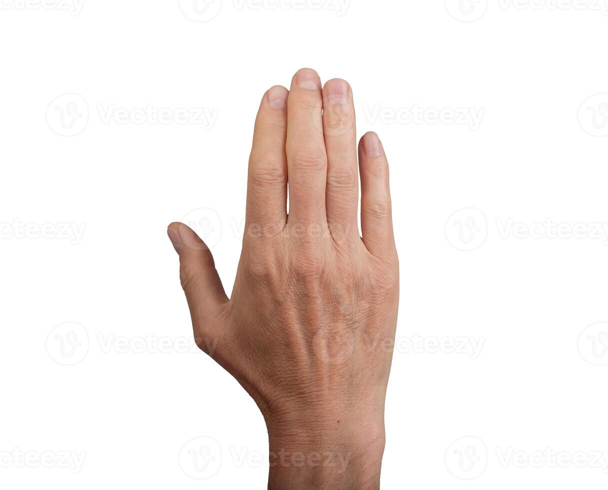 Male hand with manicured nails, raised in a gesture of hello or goodbye. Isolated on a white photo
