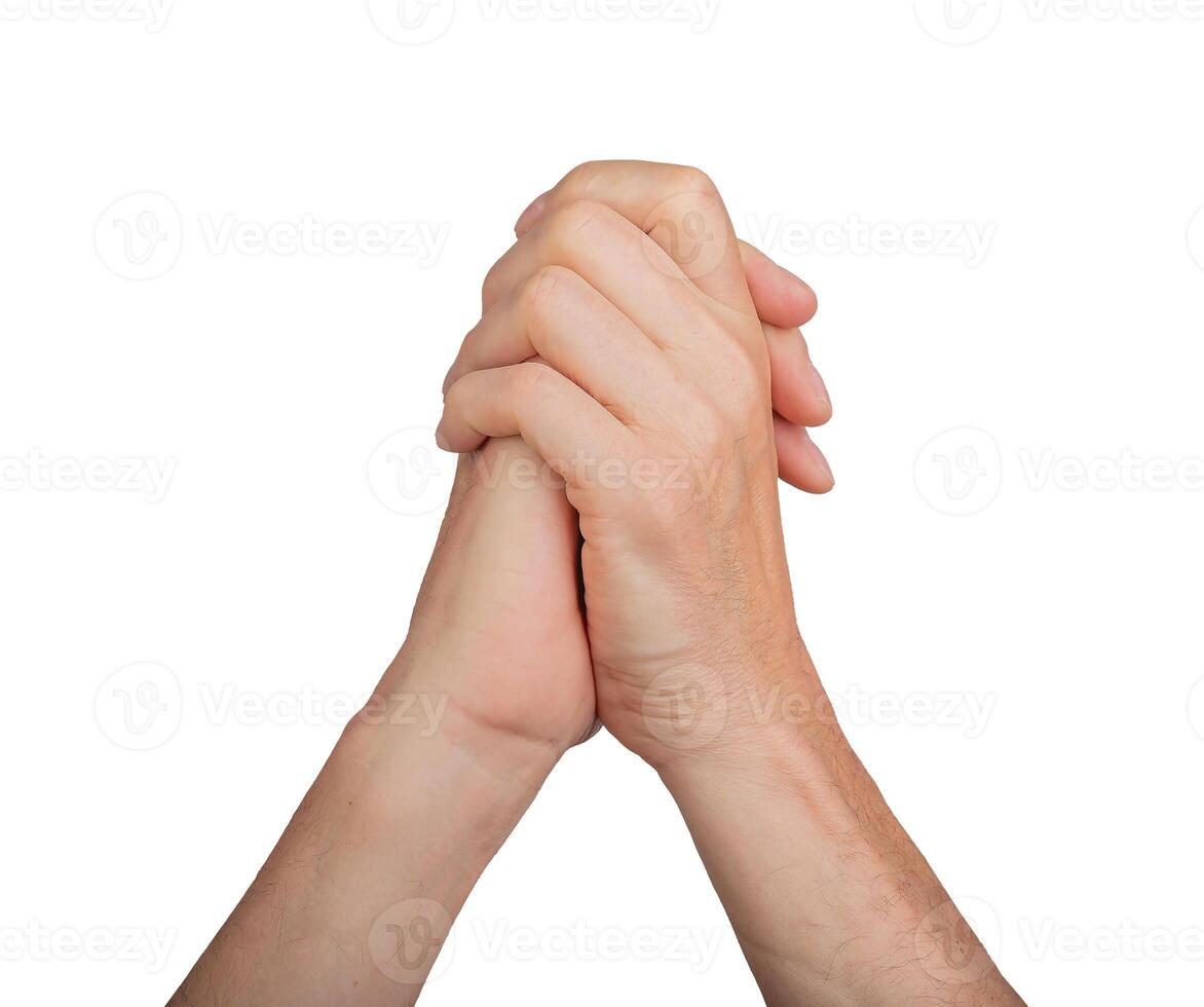 Hands supporting, helping and giving together. Clasped and intertwined fingers interlocked, isolated photo