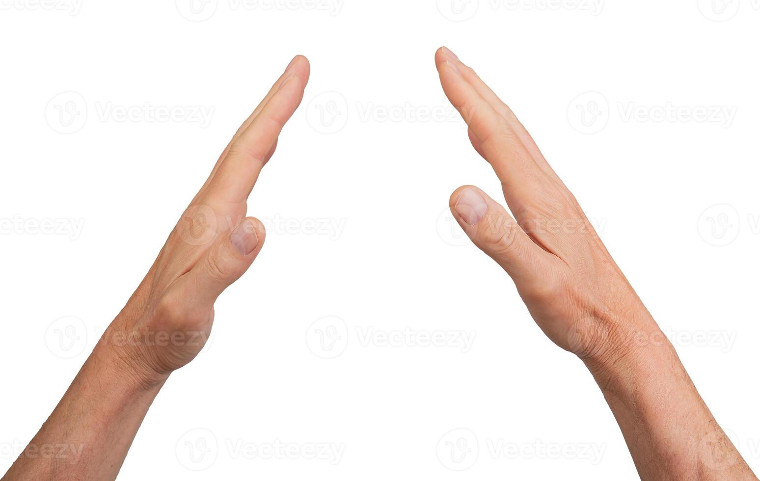 Hands gesturing with open palms, fingers human and isolated. White pair reaching, two touching in photo