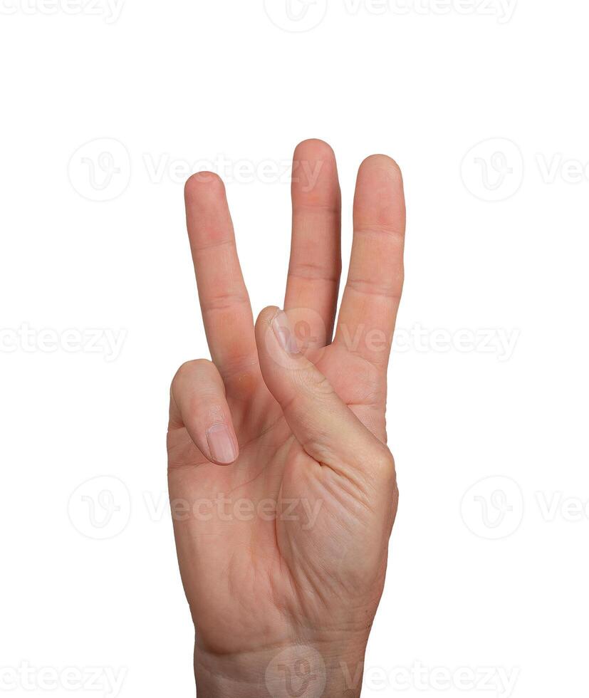 Hand showing three fingers, isolated on white background. Male hand in a gesture of counting or photo