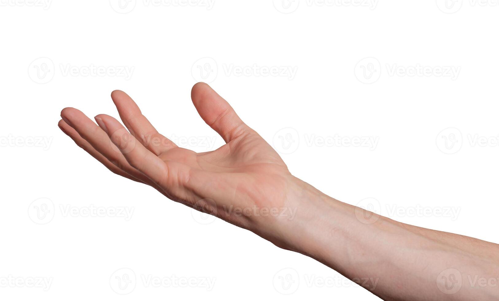 Open palm hand holding or giving something, isolated on white background. Gesture indicating photo