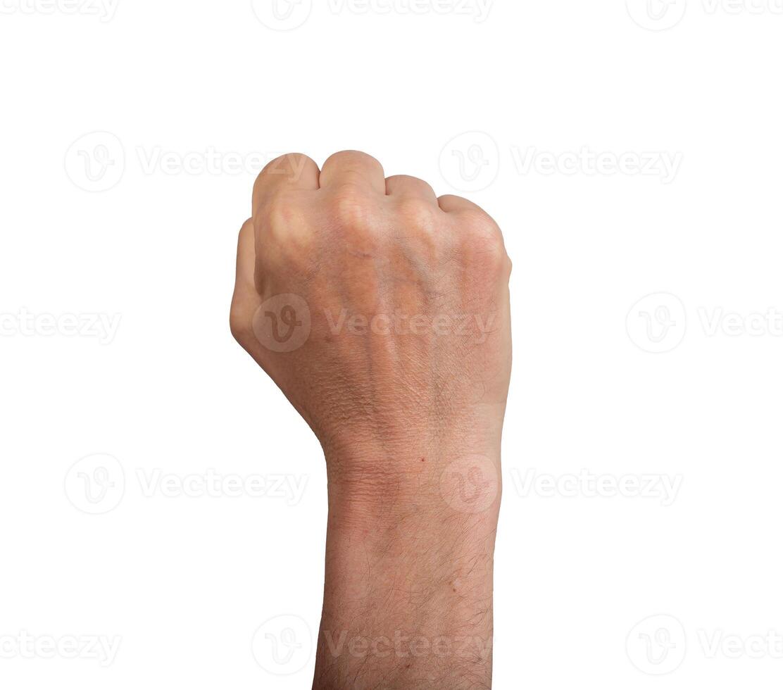 Raised fist symbolizing power and resistance, isolated on white. Male hand showing strength and photo