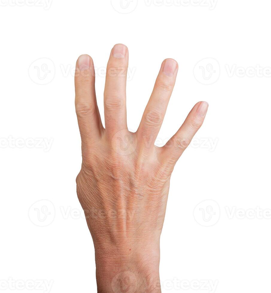 Hand showing four fingers, isolated on white background. Gesture indicating the number four, ideal photo