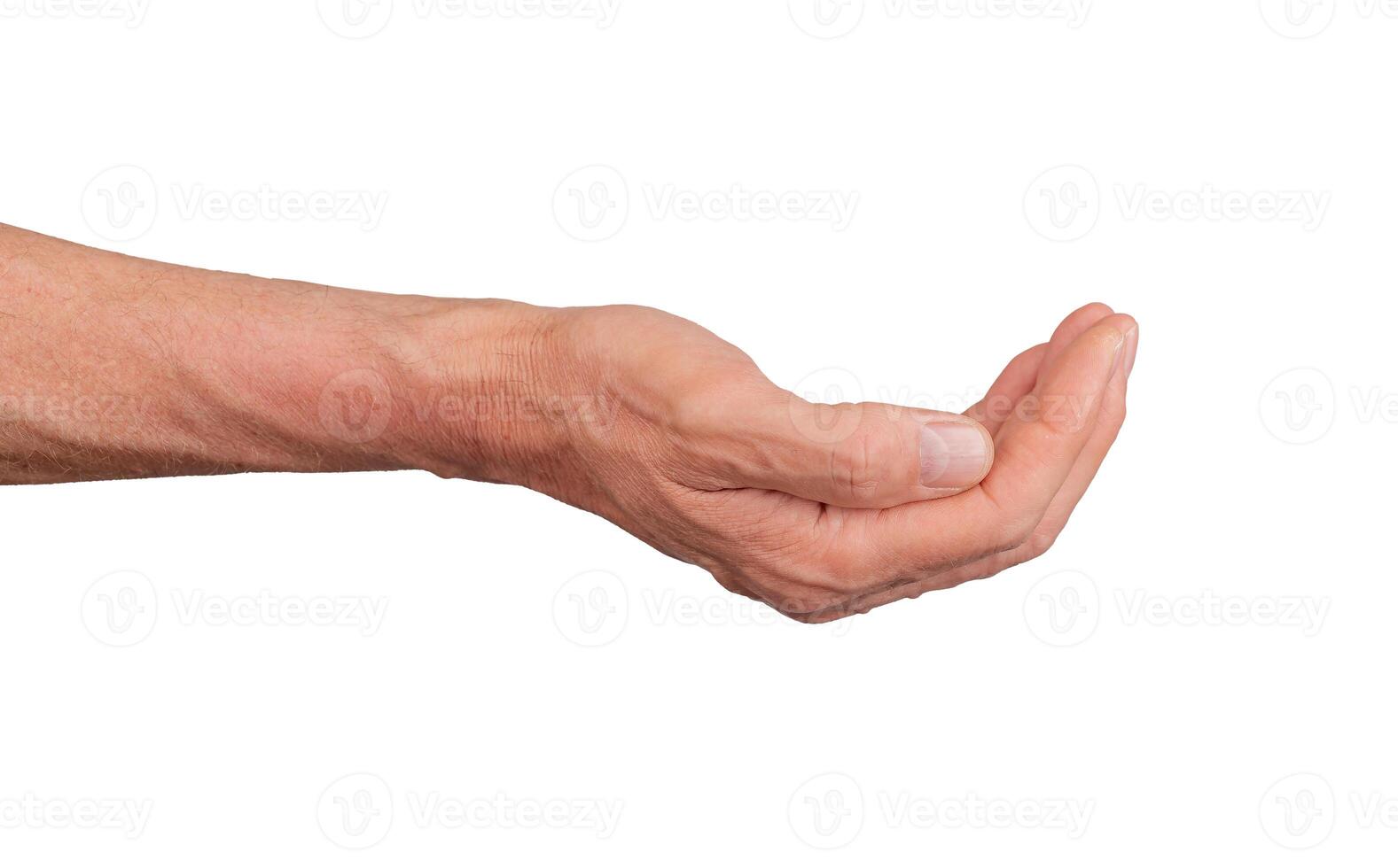 Hand in a cupped shape, isolated on white background. Gesture indicating offering or begging, ideal photo