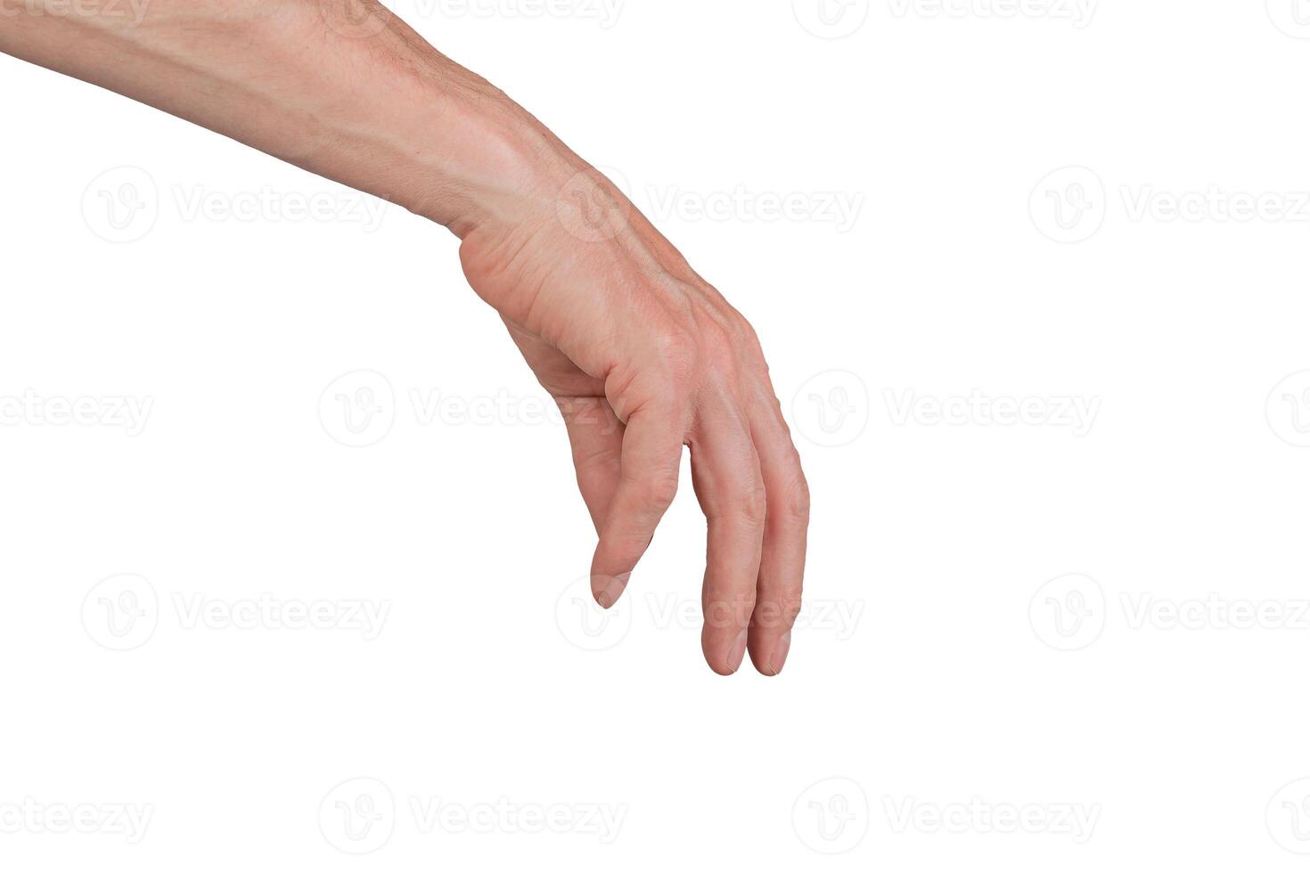 Hand gesture hanging fingers isolated arm dangling. Sign reaching skin empty stretch position photo