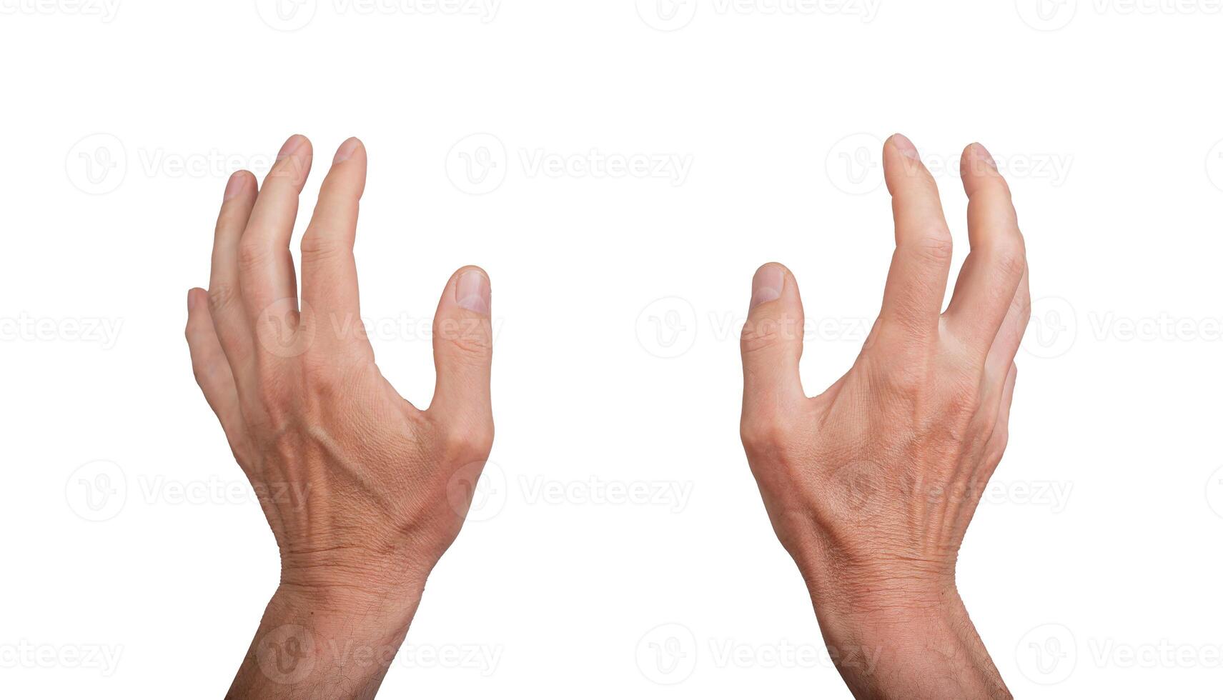 Two hands grasping, isolated on white background. Gesture indicating grabbing or catching something, photo