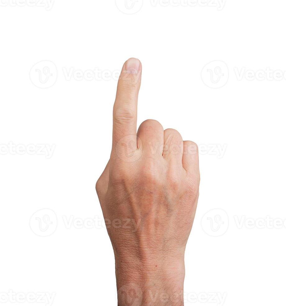Hand pointing up with index finger, isolated on white. Gesture indicating touch or selection, ideal photo