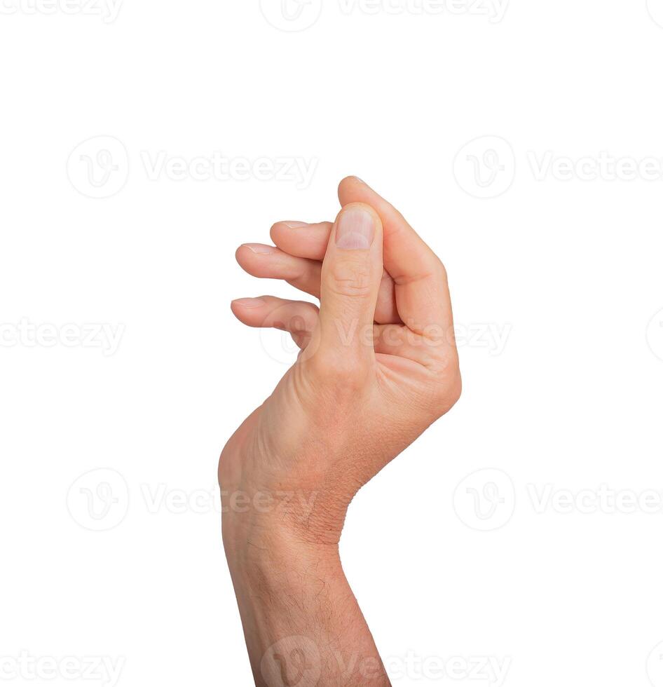 Hand holding something small, isolated on white background. Gesture indicating a pinch or grasp, photo